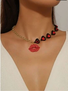 1pc Women's Fashionable Black Heart Lock Pendant Necklace With Gold Chain And Sexy Lip Charm - Yellow Gold - View 1