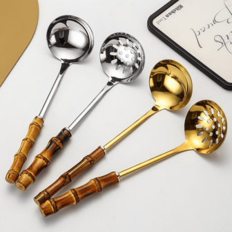 1/2 Pieces Of Reusable Kitchen Cooking Utensils, Bamboo-Handled Spoons, Straners, 304 Stainless Steel Tableware With Bamboo-Handled Gold/Silver Spoons, Straners, Bamboo-Jointed Hot Pot Spoons, Kitchen Small Tools, Hotel And Restaurant Common Spoons