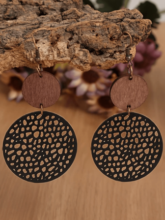 Bohemian Vintage Wooden Slice Hollow Circle Earrings For Women, Gift