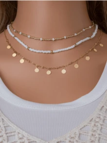 3pcs Handmade Bohemian Style Beaded & Sequin Necklaces - Gold - View 1