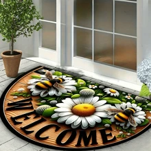 [Tapis semi-circulaire en polyester] Tapis semi-circulaire en polyester antidérapant 1 pièce avec thème fleurs et abeilles - Convient pour une utilisation intérieure/extérieure - Idéal pour le salon, la chambre, la cuisine, la salle de bain, le patio, la décoration de la maison et la décoration extérieure Tapis de sol Tapis de porte Décoration de salle de bain Décoration d'automne Accessoires de salle de bain Rentrée des classes