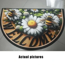 [Tapis semi-circulaire en polyester] Tapis semi-circulaire en polyester antidérapant 1 pièce avec thème fleurs et abeilles - Convient pour une utilisation intérieure/extérieure - Idéal pour le salon, la chambre, la cuisine, la salle de bain, le patio, la décoration de la maison et la décoration extérieure Tapis de sol Tapis de porte Décoration de salle de bain Décoration d'automne Accessoires de salle de bain Rentrée des classes