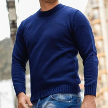 Men's Knitted Sweater Thick Mesh Cold Weather Blouse Round Neck High Quality - 藏蓝色 - 查看 5
