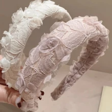 蕾丝花朵海绵宽发箍，韩式甜美仙女森系风格，黑色/粉色/米色发圈发夹旅行配饰发带，节日派对必备 - 雙線海綿髮箍 - 查看 3
