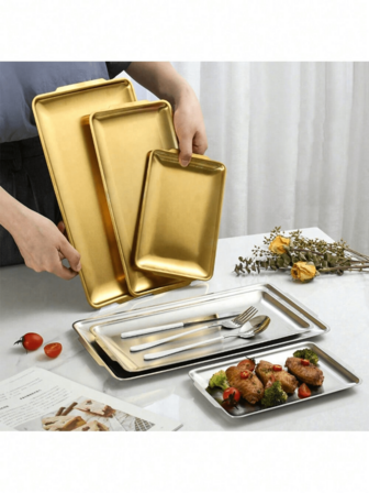 1 件不锈钢矩形托盘，金色或银色服务盘带手柄，装饰性咖啡桌托盘，适用于奥斯曼美食、聚会、厨房、食物、甜点、烧烤