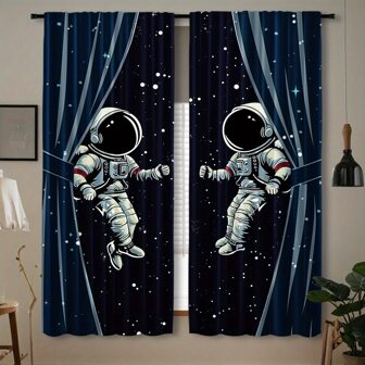 2 stuks Astronaut Verduisteringsgordijnen, Geschikt voor Slaapkamer en Woonkamer - Moderne Polyester Gordijnen met Stangzakken - Semi-transparant, Machinewasbaar, Rolgordijnprint Ruimte-Avontuur Thema Raamdecoratie - Ongevoerde Lichtblokkerende Panelen voor Huisdecoratie