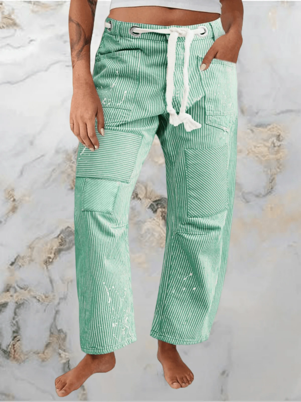 Womens Baggy Barrel Jeans Horseshoe Wide Leg Low Rise Patchwork Denim Pants With Pockets - 綠色 - 查看 1