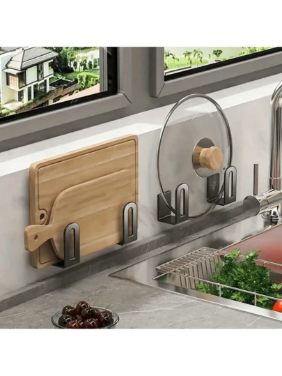 No-Drill Pot Lid Holder, Multifunctional Kitchen Organizer Rack, Wall Mounted Cutting Board & Pot Lid Storage Shelf