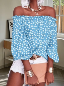 Womens Summer Off Shoulder Blouse Floral Print Boho 3/4 Sleeve Casual Chiffon Tops Shirts - 天藍色 - 查看 4