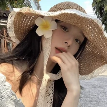 1pc Lace Trim Beach Sun Hat, Large Brim Breathable Shade Hat For Women Outdoor Camping Picnic, UV Protection Summer Cap