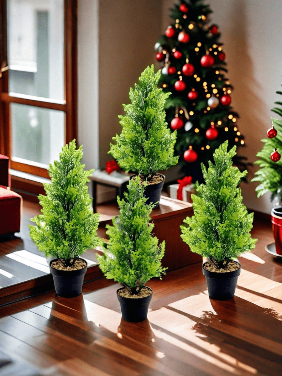 2pcs/4pcs Artificial Pine Topiary Trees - 17" Plastic Pine Trees For Christmas & All-Season Decor, Tabletop Home & Outdoor Patio Accents, Festive For Holidays Like Halloween, Thanksgiving & More, No Container Included