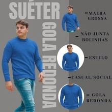 Men's Knitted Sweater Thick Mesh Cold Weather Blouse Round Neck High Quality - 青碧色 - 查看 3