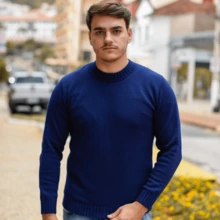 Men's Knitted Sweater Thick Mesh Cold Weather Blouse Round Neck High Quality - 藏蓝色 - 查看 7