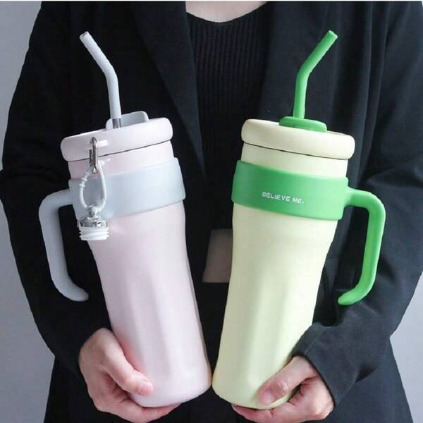 Vaso de 40 onzas con asa y tapa con pajita, de acero inoxidable aislado de doble pared al vacío, vaso de viaje para bebidas calientes y frías, taza de café como regalo para ella o él