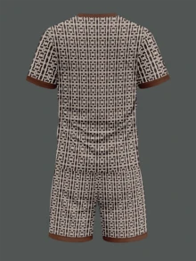 Ensemble t-shirt à manches courtes col rond et shorts imprimé géométrique pour hommes, été - Kaki - Voir 3