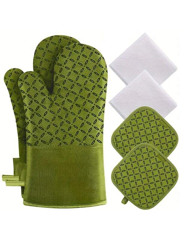 [6-Piece Heat Resistant Oven Mitts] 6-Piece Extra Long Oven Mitts Set - Heat Resistant Oven Gloves And Pot Holders For Cooking - Non-Slip Silicone Surface, 500 Degree Protection, And Easy Grip For Safe Kitchen Handling