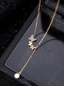 GAGAFEEL 1 pièce Collier avec pendentif en perle ronde, franges et papillon en argent sterling S925 avec zircone, chaîne ras-de-cou pour femmes, cadeau pour anniversaire