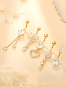 5 件套锆石装饰蝴蝶、心形、花形肚脐环，女士身体首饰适合日常佩戴、派对、节日礼物