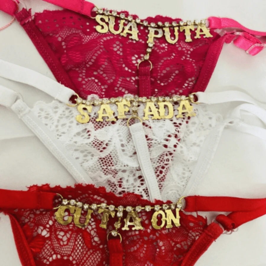Rhinestone Word Panties S.U.A.U.TA With Lace Lingerie Underwear - 紅色 - 查看 1