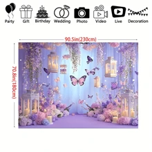 1 Pc, 2D Flat, Gorgeous Style Butterfly Party Backdrop, Polyester Material, Purple Background, Rectangular Photography Background, Bohemian Style, With Purple Butterflies And Flowers, Suitable For Birthday And Wedding Decoration, Living Room Bedroom Decoration, Office Decoration, Multi-Season Use, Gift Giving, Photo Booth Props, Multiple Size Options