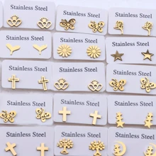 10 pares de pendientes de botón de acero inoxidable con diseños de moda para mujeres y niñas, incluyendo estilos simples, de amor, flor, animal y estrella, como regalos de fiesta