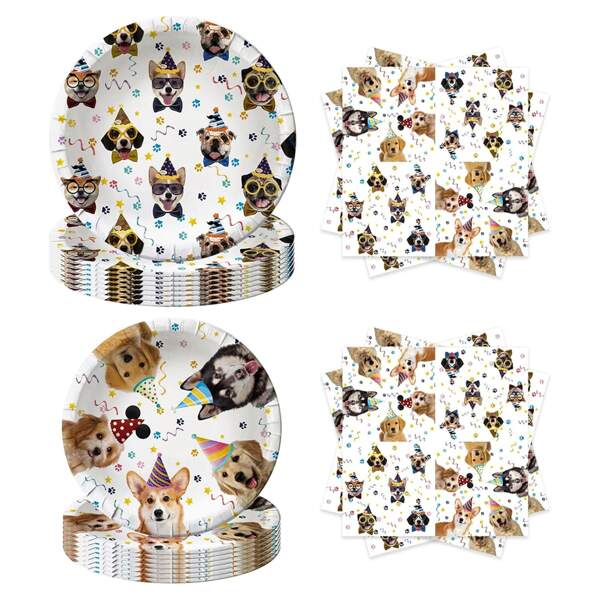 10/20pcs Puppy Theme Birthday Party Tableware Set, Adorable Puppy Pattern Design 7/9 Inch Paper Plates & Napkins, Suitable For Picnic, Family Gathering, Pet Events, Enough For 10 People Party Supplies