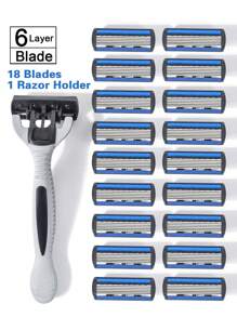 Barbeador de Segurança Manual Masculino, Lâminas de Aço Inoxidável de 6 Camadas, Removedor de Pelos, Cabeça de Barbear Substituível