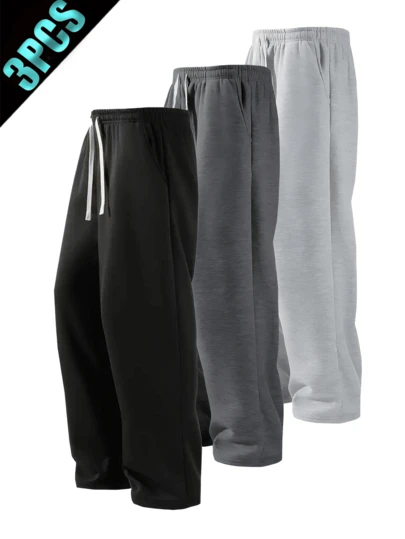 3pcs Loose Drawstring Flat Waist Sport Long Pants Set, Multi-Color Combination, Casual Sport Outdoor Versatile Sweatpants, Comfortable And Breathable 3-Piece Set, Suitable For Outdoor Sports And Daily Outings.