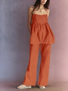 Bộ đồ vest 2 mảnh không tay màu trơn thoải mái đi làm hàng ngày thanh lịch mới cho nữ, phong cách nghỉ dưỡng, gồm áo và quần ống đứng - trái cam - Xem 7