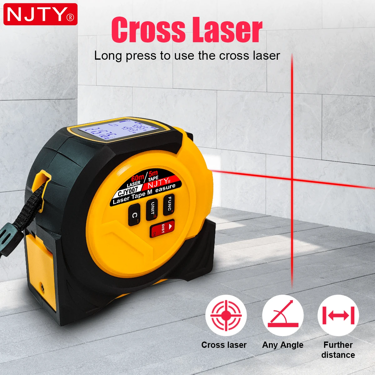 NJTY 1pc 3-In-1 Retractable Tape Measure With Laser Level, 5m/16ft Tape Measure + 40m/60m Laser Distance Meter, With Belt Clip And Magnetic Function, Auto Lock, Laser Measure Unit In M/In/Ft/Ft+In, LCD Display, Pythagorean Theorem, Area & Volume Measurement, Suitable For Construction, DIY, Woodworking, Etc.