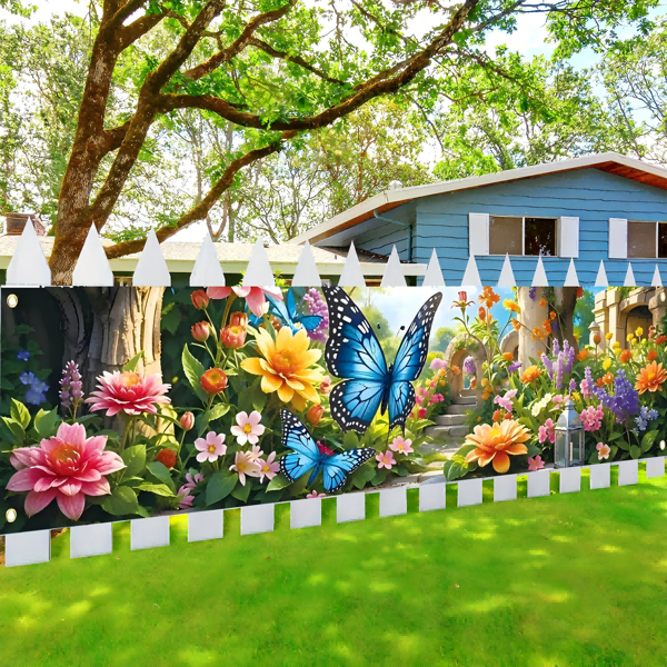 1pc Birdsong And Flowers Background Banner, Made Of Polyester, With Colorful Flowers, Butterflies, Stone Steps And Trees, Very Suitable For Party Courtyard Banner Decoration, Taking Photos And Taking Pictures, No Electricity Required
