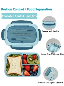 1pc 1200ml Bento Lunch Box With Cutlery Set And Leak-Proof Lid, 3 Compartment Food Containers Suitable For Adult Men And Women, For Camping, Meal Prep, School Supplies, Back To School, Kitchen, Christmas Gifts (Cutlery, Lunch Box And Storage Bag Included)