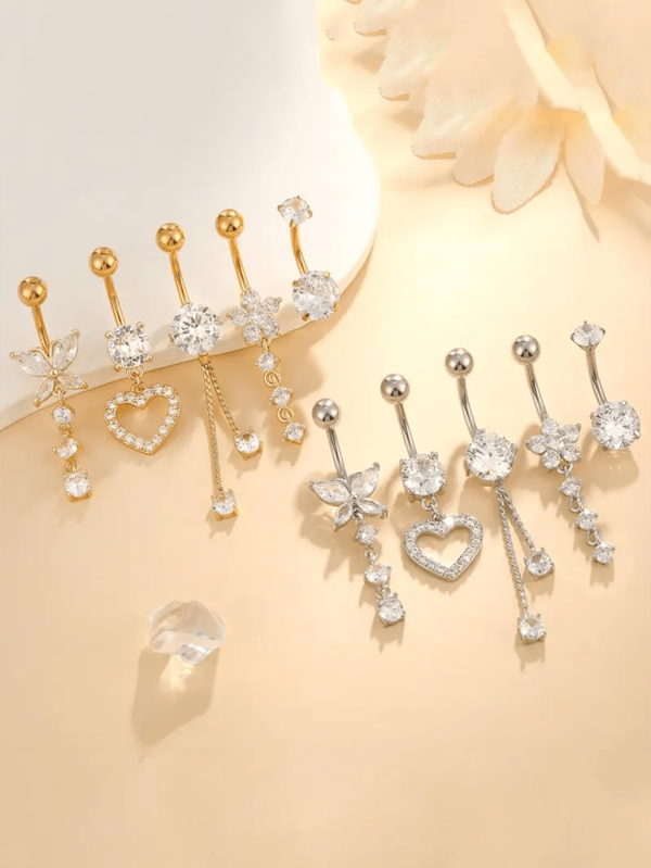 5 pièces Set d'anneaux de nombril décorés de zirconium en forme de papillon, cœur, fleur. Bijoux de corps pour femmes, convient pour un port quotidien, pour une fête, ou en cadeau de vacances