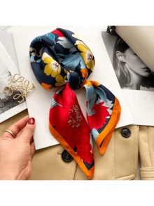 1pc 26.77 Inch Faux Silk Printed Square Scarf 68cm, Women Fashion Breathable Versatile Headband, Neck Scarf, Wrap Accessory - Red - View 1