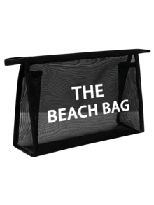 1 件网状镂空尼龙“THE BEACH BAG”、“BEACH PLEASE”、“Beach Viles”白色字母印花女士便携网眼化妆包，海滩度假旅行便携大容量多用途化妆包，女士化妆包旅行盥洗收纳包 - 黑色 - 查看 11