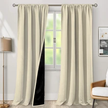 1pc Minimalist Beige Blackout Curtain With Pockets, Black Blackout Coating, Soundproof And Heat Insulation, Lightweight Polyester Fabric, Easy Care, For Room Darkening, Light-Sensitive People, Bedroom, Living Room, Office, Kitchen