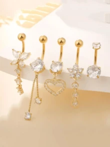 5 件套锆石装饰蝴蝶、心形、花形肚脐环，女士身体首饰适合日常佩戴、派对、节日礼物