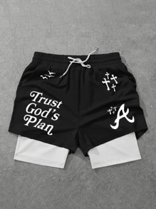 New Men's Letter Print Knit Loose Fit Shorts