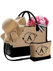 3件套女士沙滩手提包（带肩带）、沙滩帽和化妆包，另加A-Z字母沙滩配件袋 - 卡其色 - 查看 30