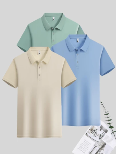 3pcs/Pack Men's Summer Polo Shirts, Breathable Comfortable Short Sleeve Tops, Casual Business Polo Shirts, Outdoor Sports Moisture-Wicking T-Shirts,Sports&Outdoor-Tennis&Golf