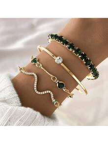 Conjunto De 4 Pulseiras De Cobra De Strass Verde Vintage Pulseira De Empilhamento De Olho De Esmeralda Verde - Verde - Visão 2