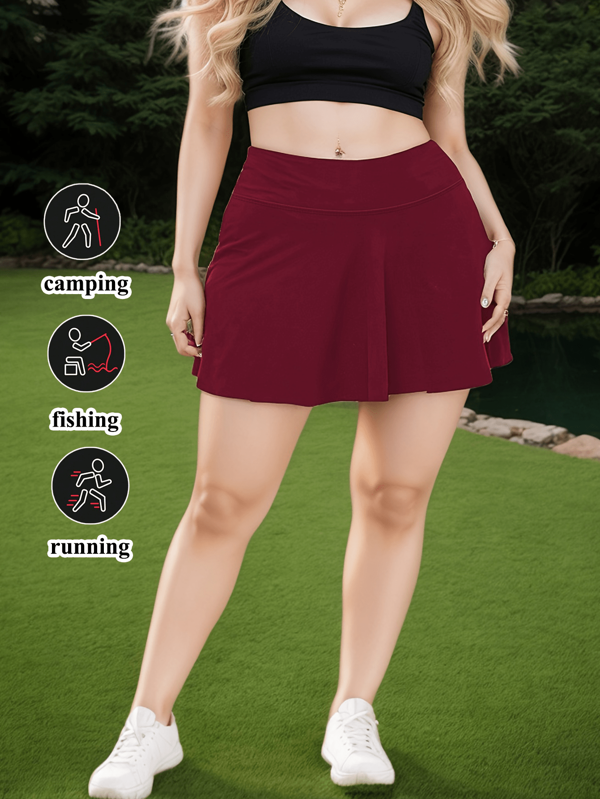 1pc Plus Size High Waist Pleated 2 In 1 Shorts With Pockets Skirt, Half-Length Anti-Flashing Skirt Suit For Workout, Golf, Tennis, Yoga