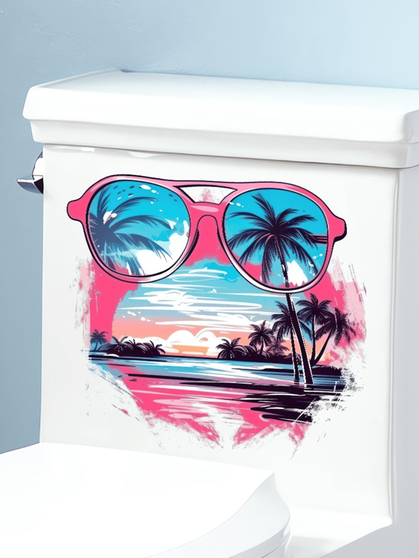 1pc Funny Sunglasses Toilet Decorative PVC Stickers Seaside Scenery Bathroom Decorative Wall Stickers