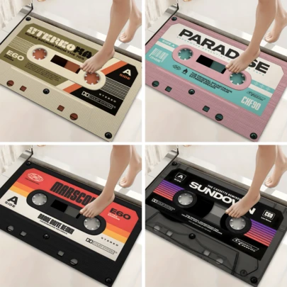 1pc Vintage Cassette Tape Pattern Anti-Slip Silicone Mud Rectangular 3D Printed Carpet, Polyester, Suitable For Entryway, Living Room, Kitchen, Bedroom, Hallway, Bathroom, Laundry Room - Indoor Outdoor Home Decor