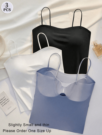3pcs Ice Silk Backless Camisole Bra With Built-In Bra Pad,Slightly Small And Thin, Please Order One Size Up