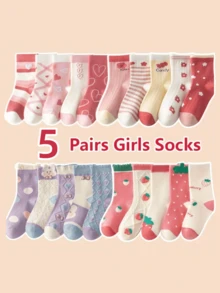 5 Pairs/Set Girls Kids Heart, Flower, Rabbit, Strawberry Cartoon Style Soft Polyester Knit Mid-Calf Long Socks - Multicolor - View 1
