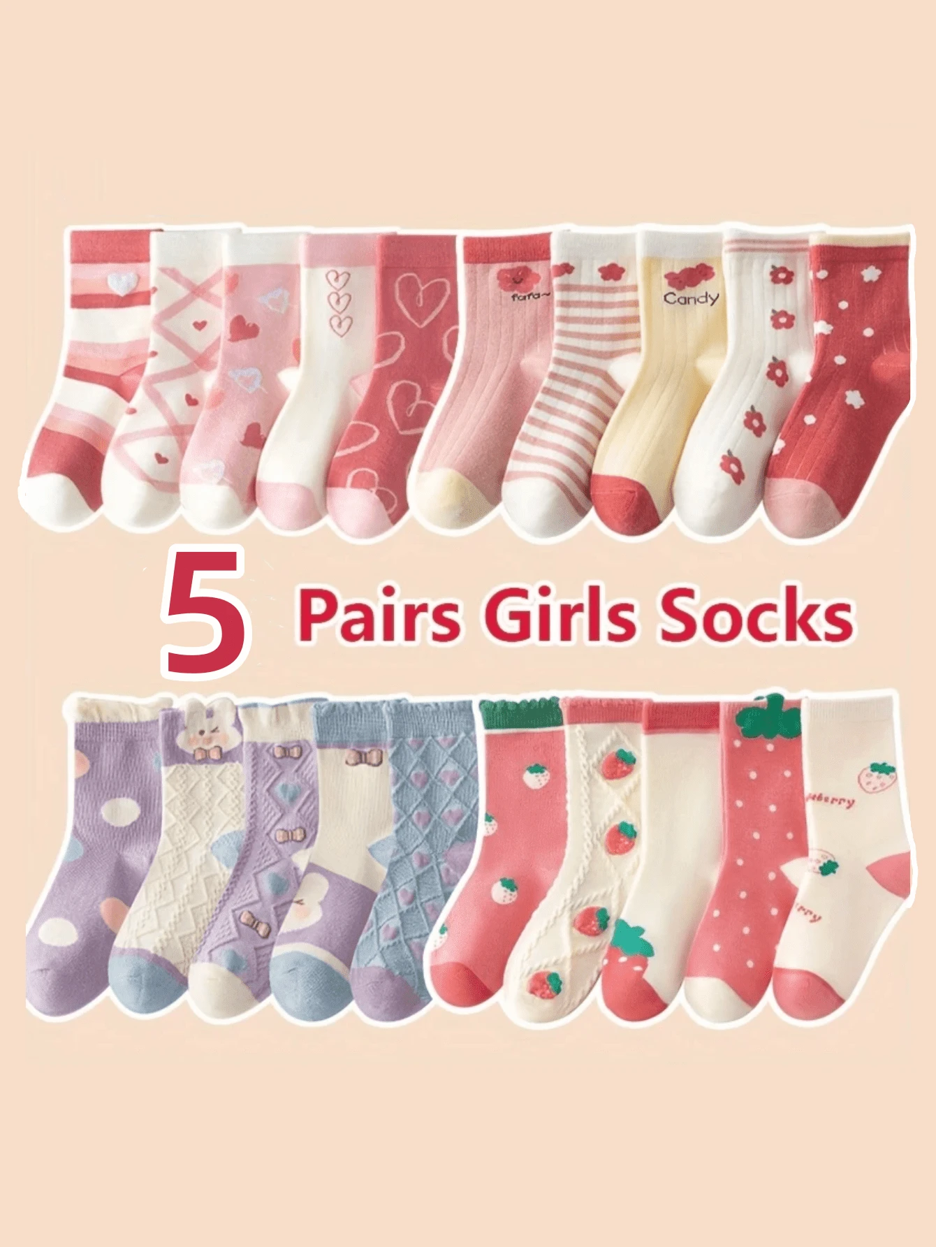 5 Pairs/Set Girls Kids Heart, Flower, Rabbit, Strawberry Cartoon Style Soft Polyester Knit Mid-Calf Long Socks - Multicolor - View 1