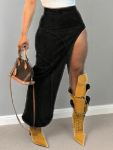Womens Casual Slit Denim Midi Jean Skirt Stretch Mid Waist Irregular Split Denim Skirt - 黑色 - 查看 1