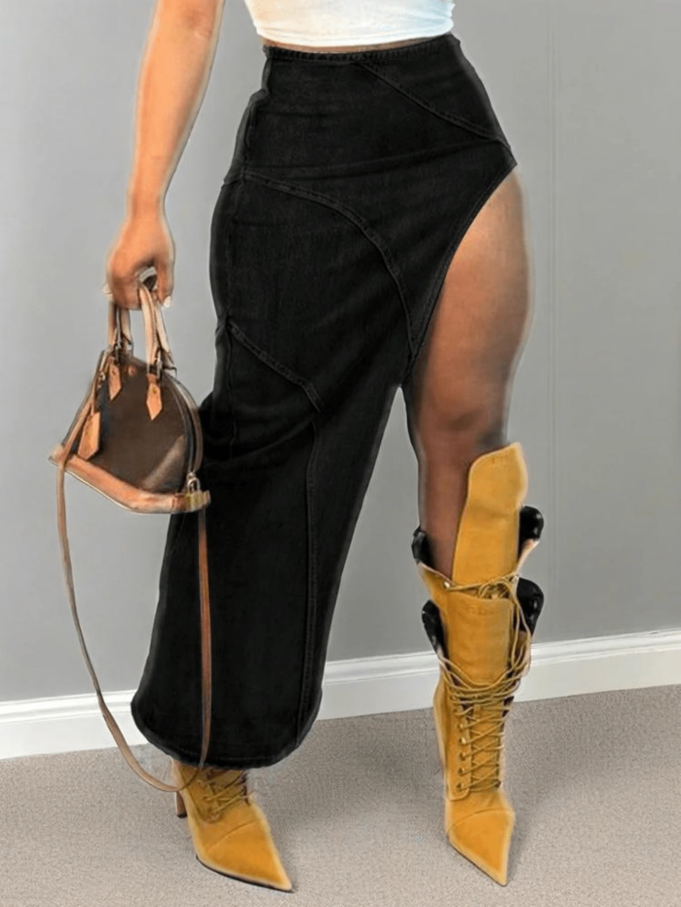 Womens Casual Slit Denim Midi Jean Skirt Stretch Mid Waist Irregular Split Denim Skirt - 黑色 - 查看 1