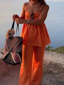 Bộ đồ vest 2 mảnh không tay màu trơn thoải mái đi làm hàng ngày thanh lịch mới cho nữ, phong cách nghỉ dưỡng, gồm áo và quần ống đứng - trái cam - Xem 3